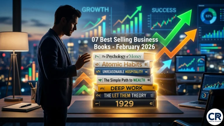 Stack of bestselling business and finance books summarized in Concise Reading February 2026 bundle