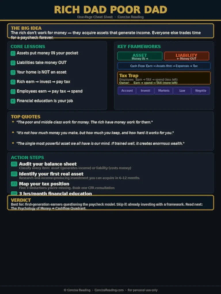 Blurred preview of the Rich Dad Poor Dad one-page cheat sheet included in the Concise Reading premium summary