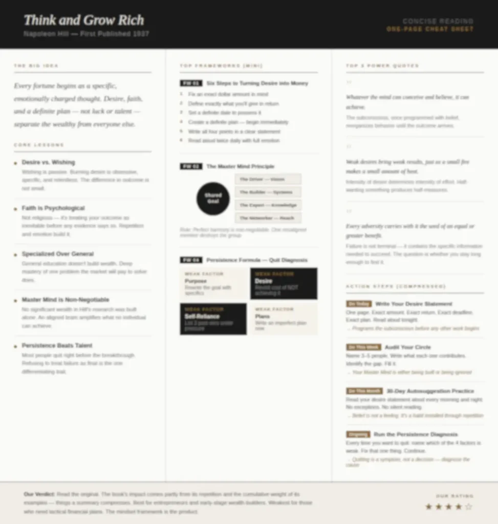 Blurred preview of the Think and Grow Rich one-page cheat sheet by Concise Reading
