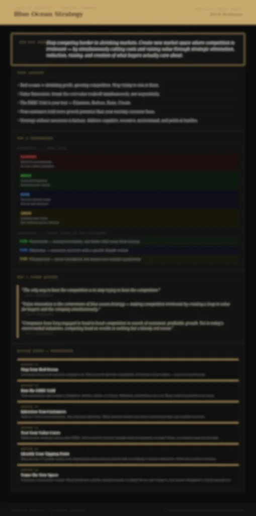 Blurred preview of the Blue Ocean Strategy one-page cheat sheet from Concise Reading's premium summary