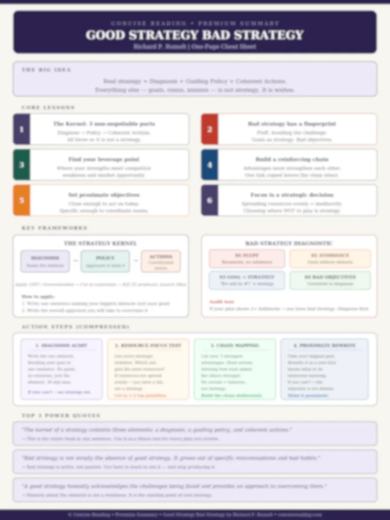Blurred preview of the Good Strategy Bad Strategy one-page cheat sheet from Concise Reading premium summary