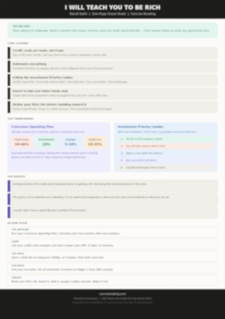 Blurred preview of the I Will Teach You to Be Rich one-page cheat sheet — available in premium summary