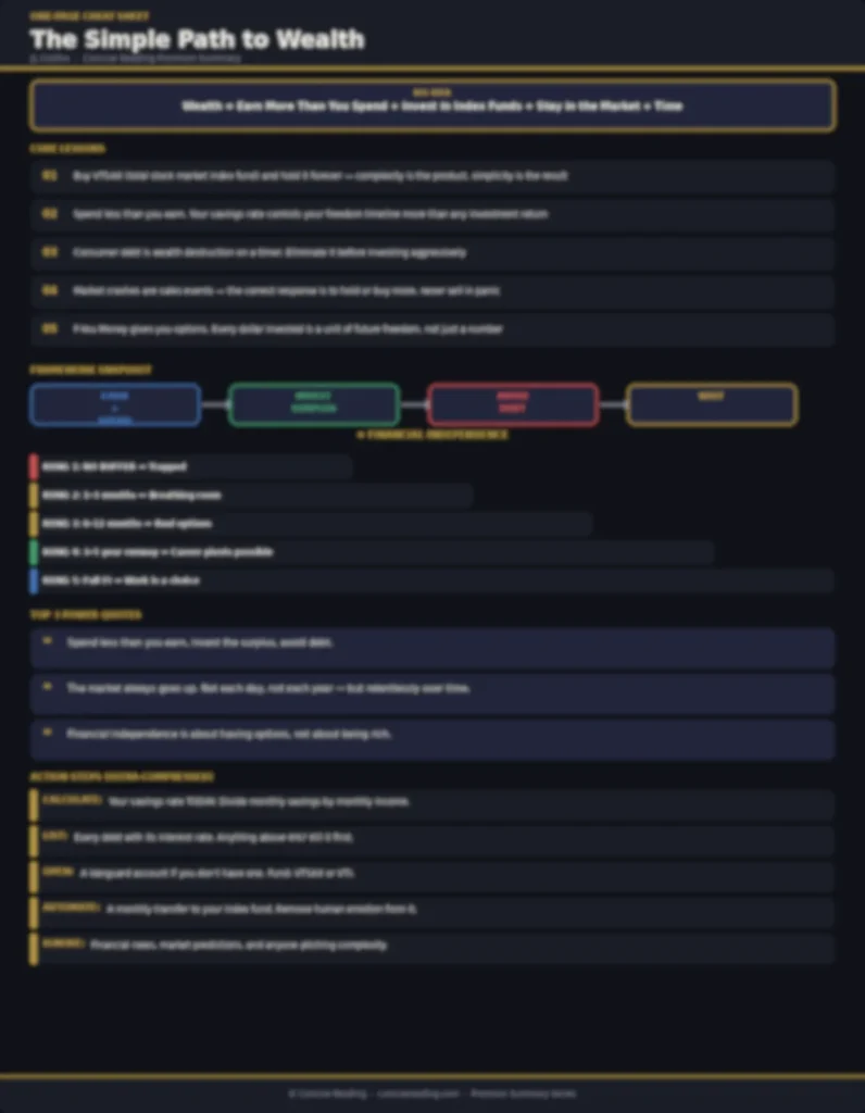 Blurred preview of the one-page cheat sheet from The Simple Path to Wealth premium summary by Concise Reading