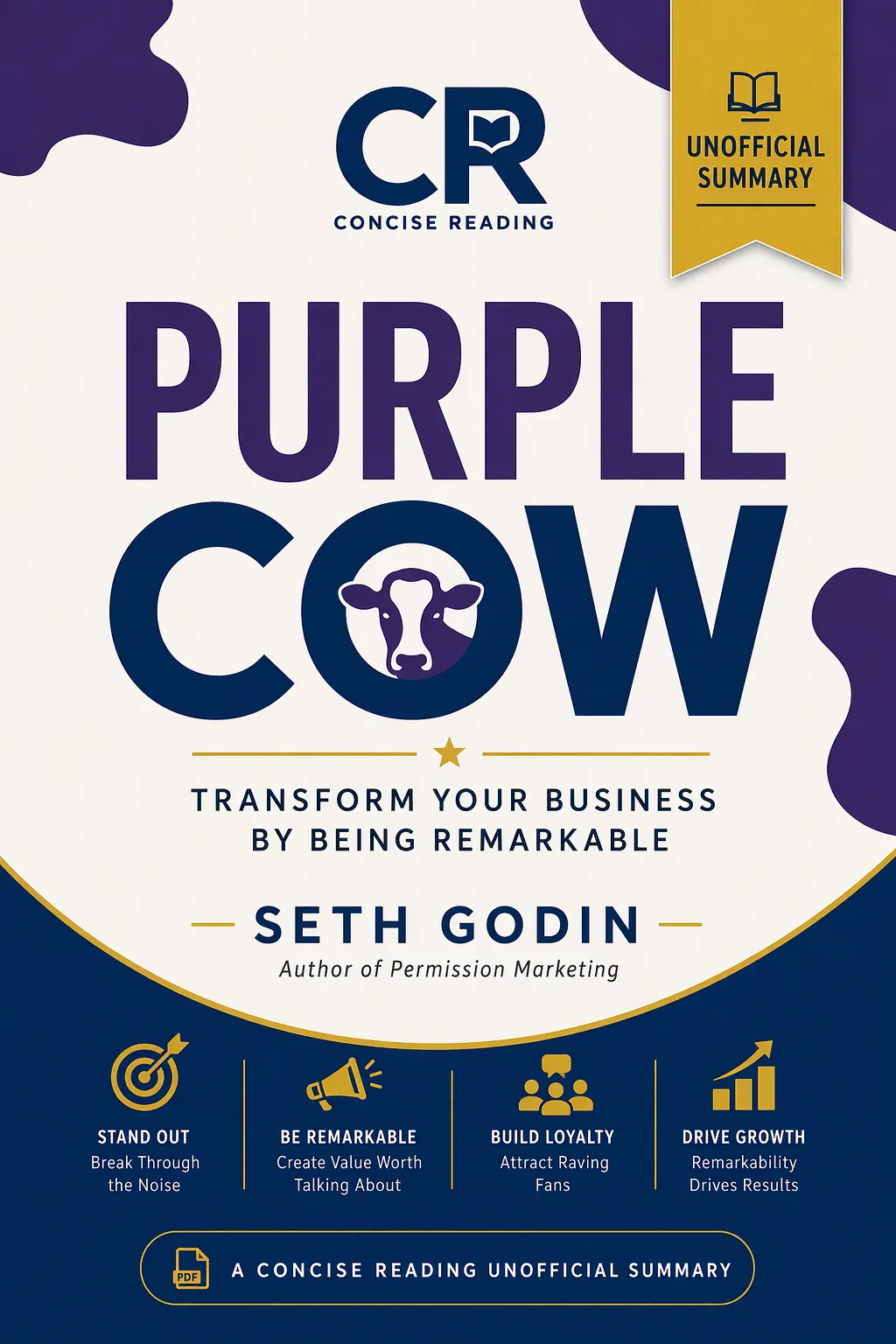 Purple Cow by Seth Godin book cover — summary and key lessons by Concise Reading