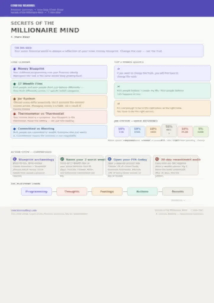 Blurred preview of the Secrets of the Millionaire Mind one-page cheat sheet from Concise Reading premium summary