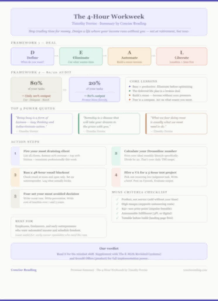 Blurred preview of The 4-Hour Workweek one-page cheat sheet — available in the premium summary on Concise Reading