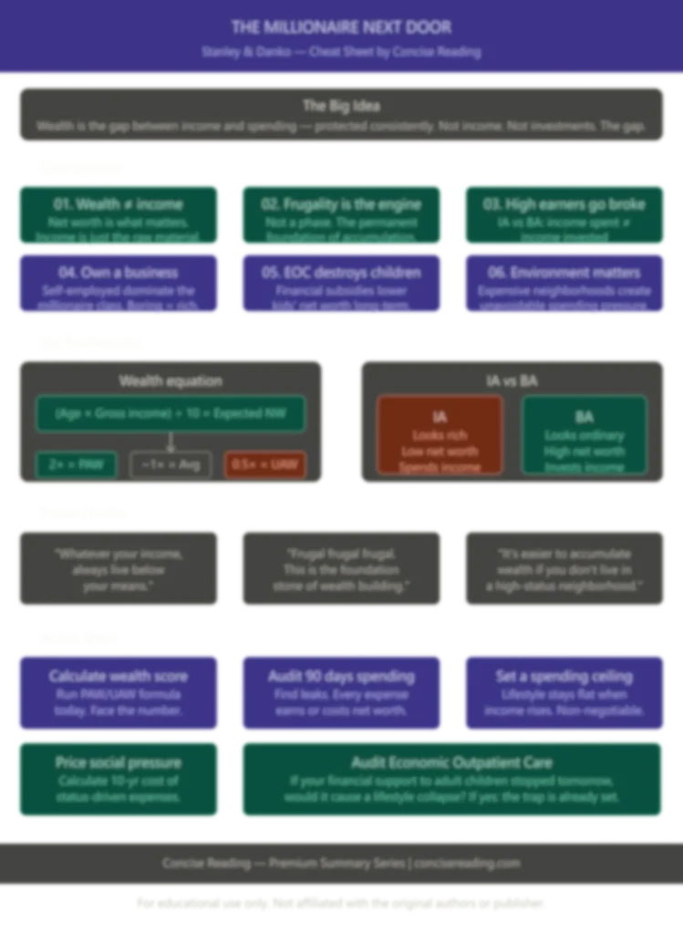 The Millionaire Next Door — One-Page Cheat Sheet Preview (Blurred) | Concise Reading