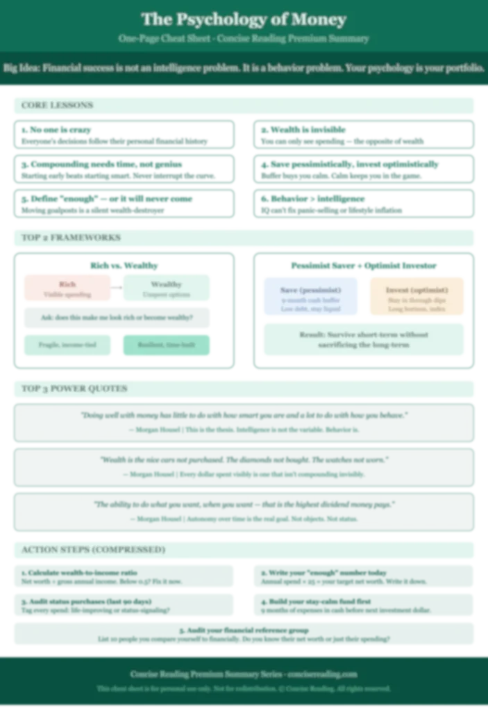 Blurred preview of The Psychology of Money one-page cheat sheet by Concise Reading
