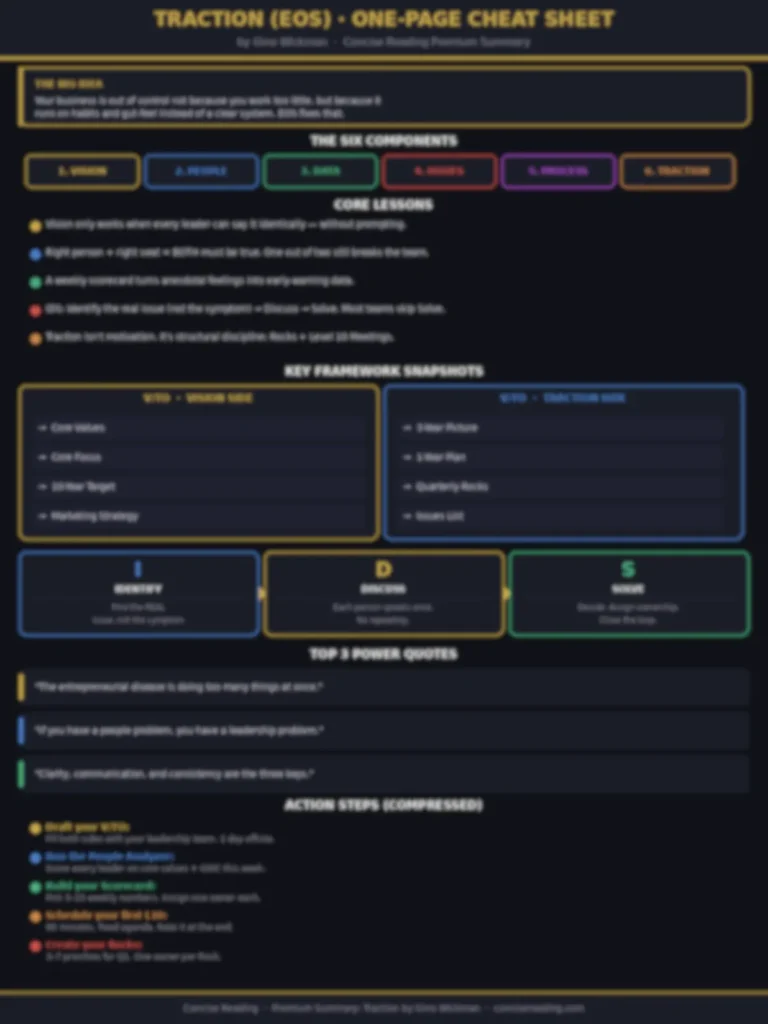 Blurred preview of the Traction EOS one-page cheat sheet included in the Concise Reading premium summary