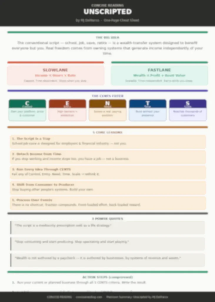 Blurred preview of the Unscripted one-page cheat sheet included in the Concise Reading premium summary