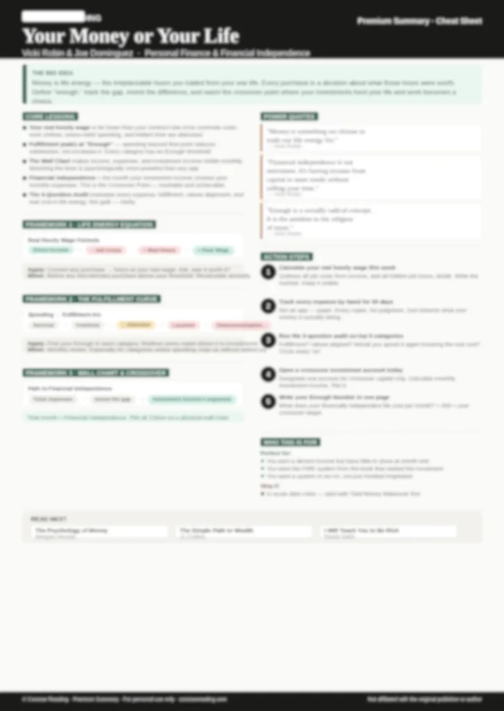 Blurred preview of the Your Money or Your Life one-page cheat sheet by Concise Reading