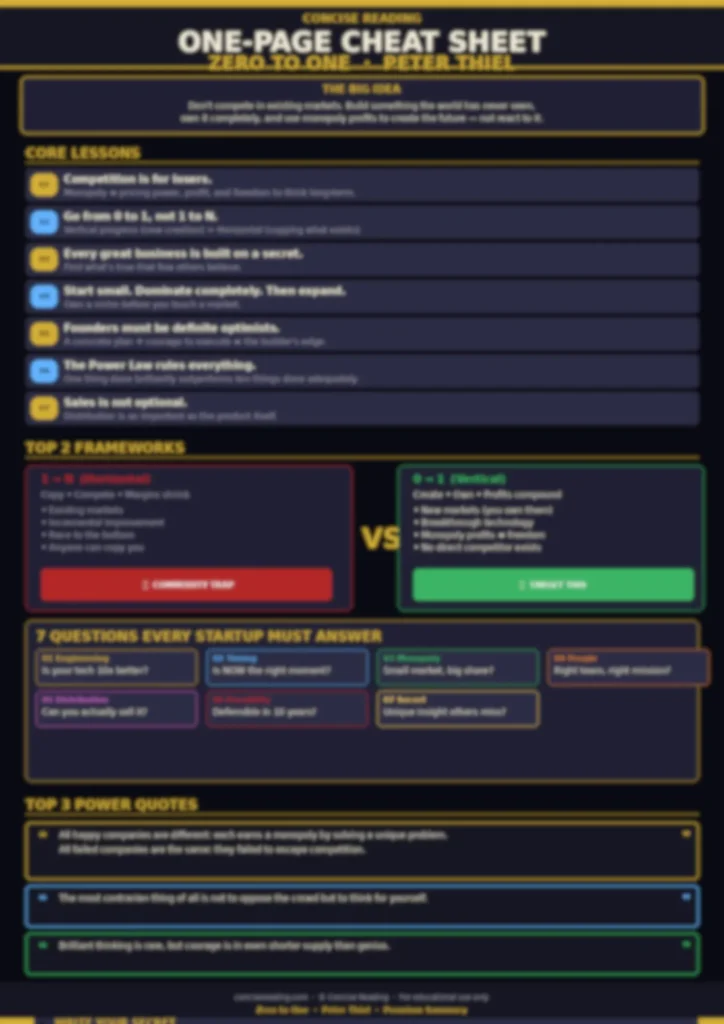 Blurred preview of the Zero to One one-page cheat sheet — available in the premium summary by Concise Reading