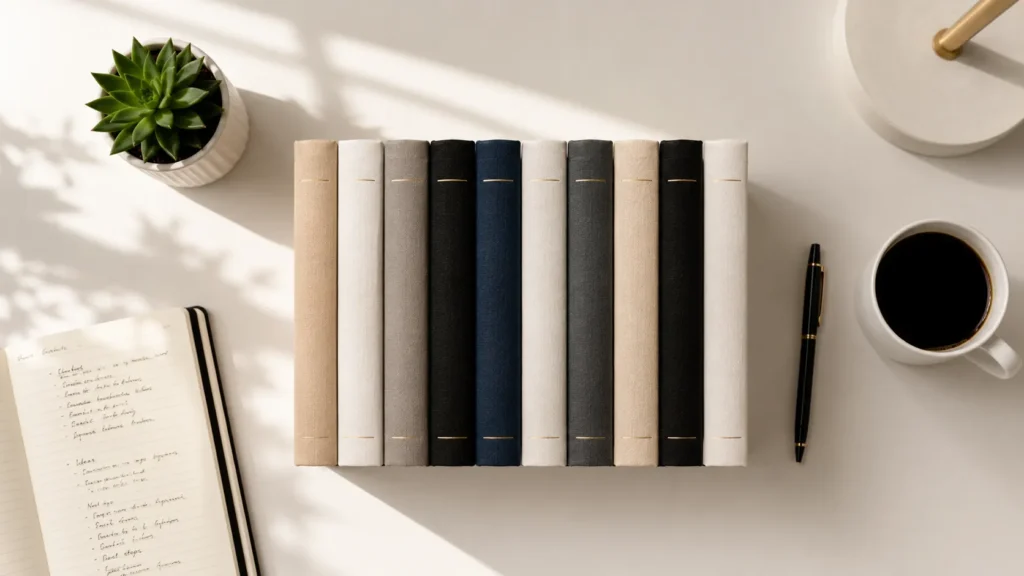 Stack of essential books for entrepreneurs on a desk with coffee and notebook