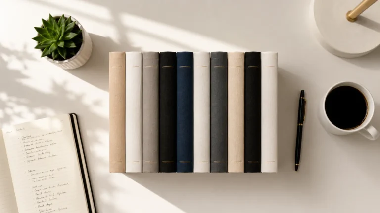 Stack of essential books for entrepreneurs on a desk with coffee and notebook