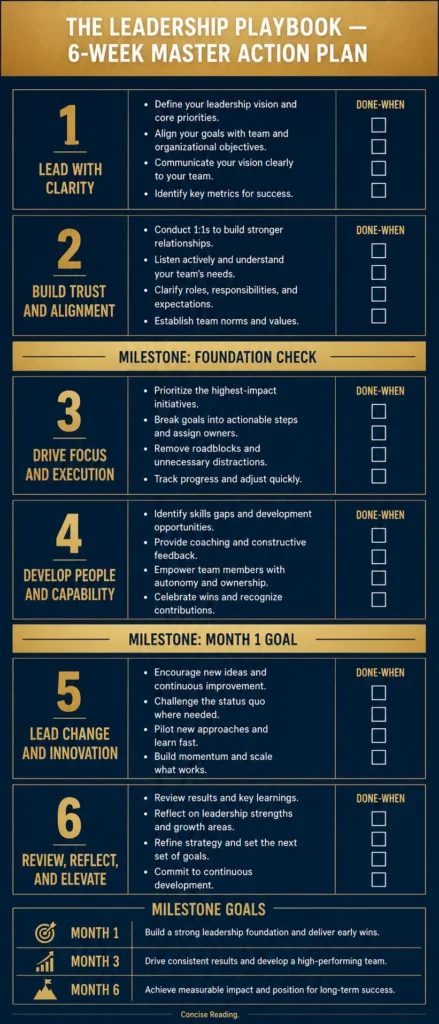 6-Week Master Action Plan infographic from The Leadership Playbook by Concise Reading — weekly leadership implementation system