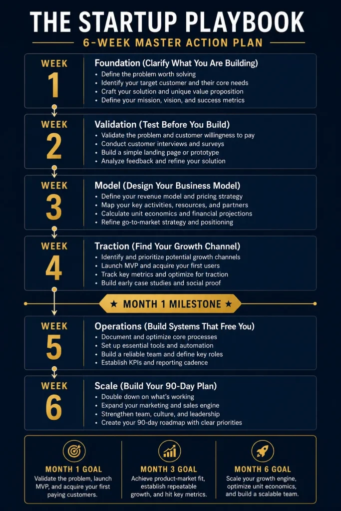 6-Week Master Action Plan infographic from The Startup Playbook by Concise Reading — showing weekly implementation steps from validation to scaling