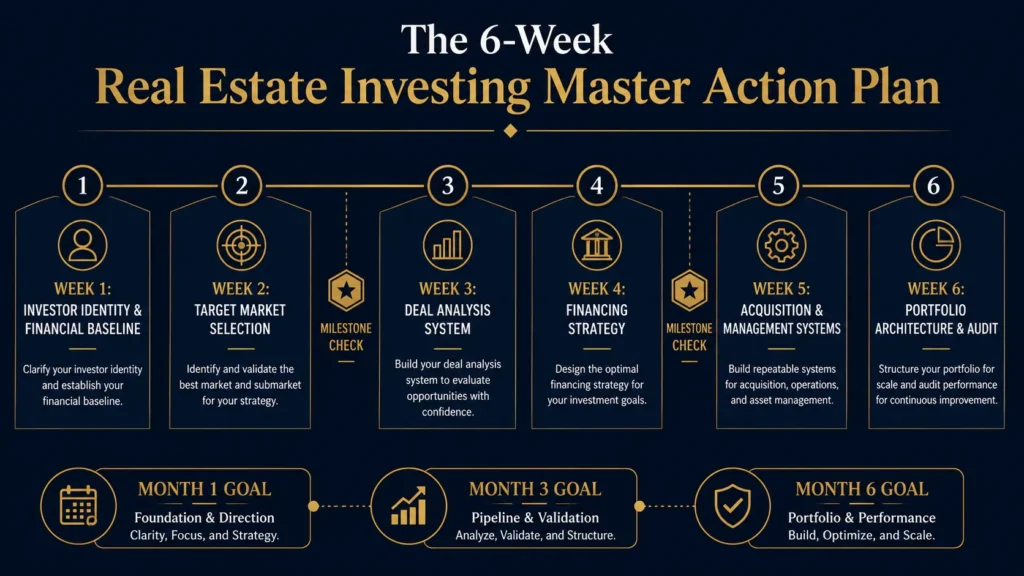 6-week master action plan diagram for the Real Estate Investing Playbook by Concise Reading