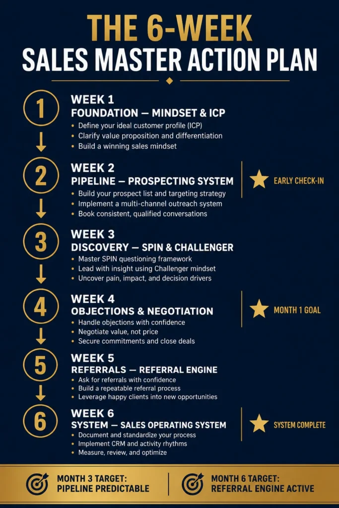 6-Week Master Action Plan diagram from The Sales Playbook by Concise Reading — showing Week 1 through Week 6 implementation sequence with milestone markers