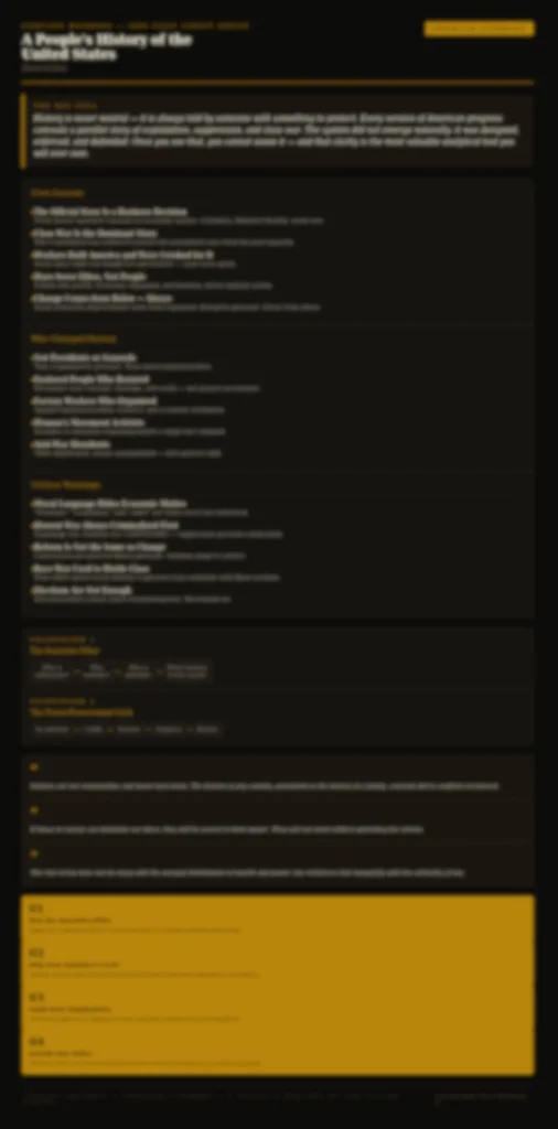 Blurred preview of the one-page cheat sheet from the premium summary of A People's History of the United States by Howard Zinn
