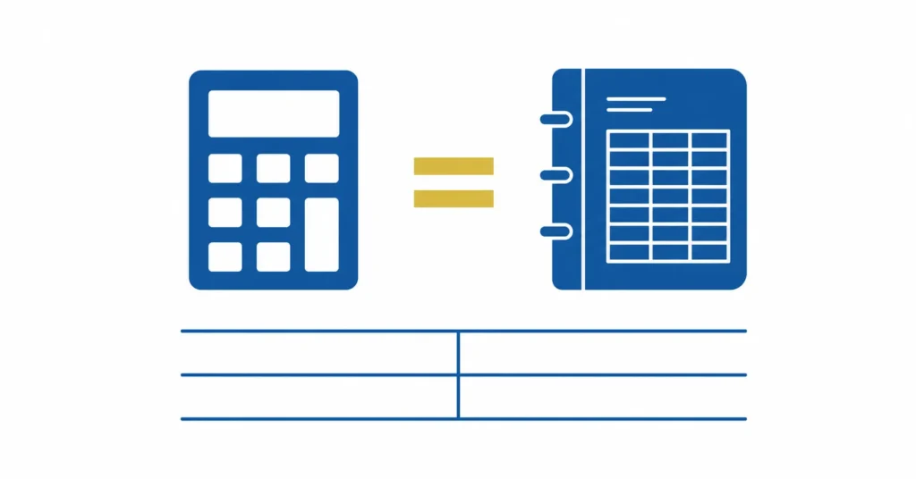 Calculator and ledger with equals sign representing accounting principles and bookkeeping practice