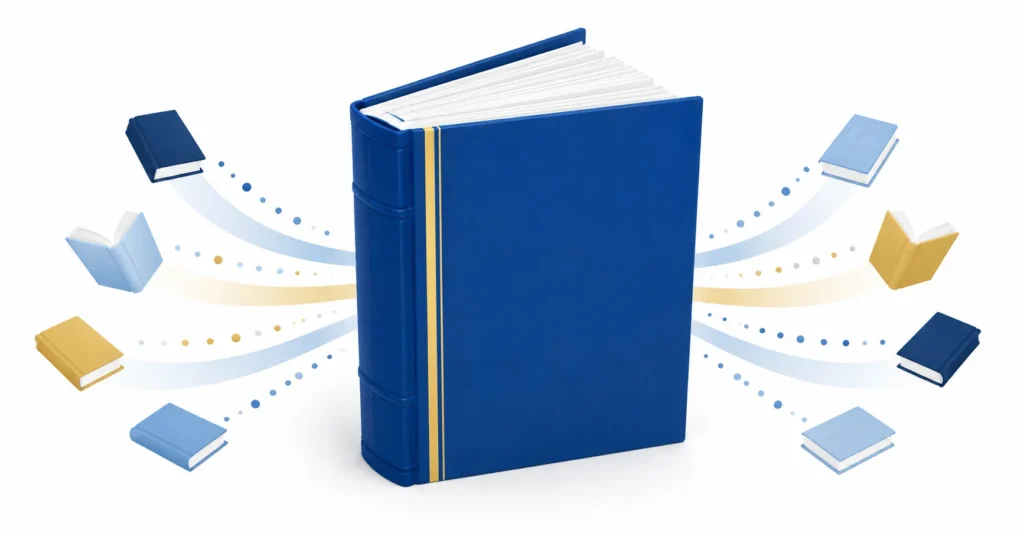 Large premium book with smaller source books flowing into it, representing synthesised playbook content
