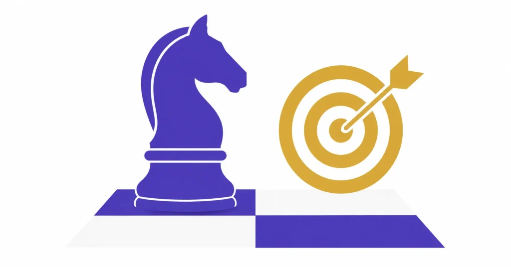 Chess knight on minimal board with target icon representing strategic thinking and execution