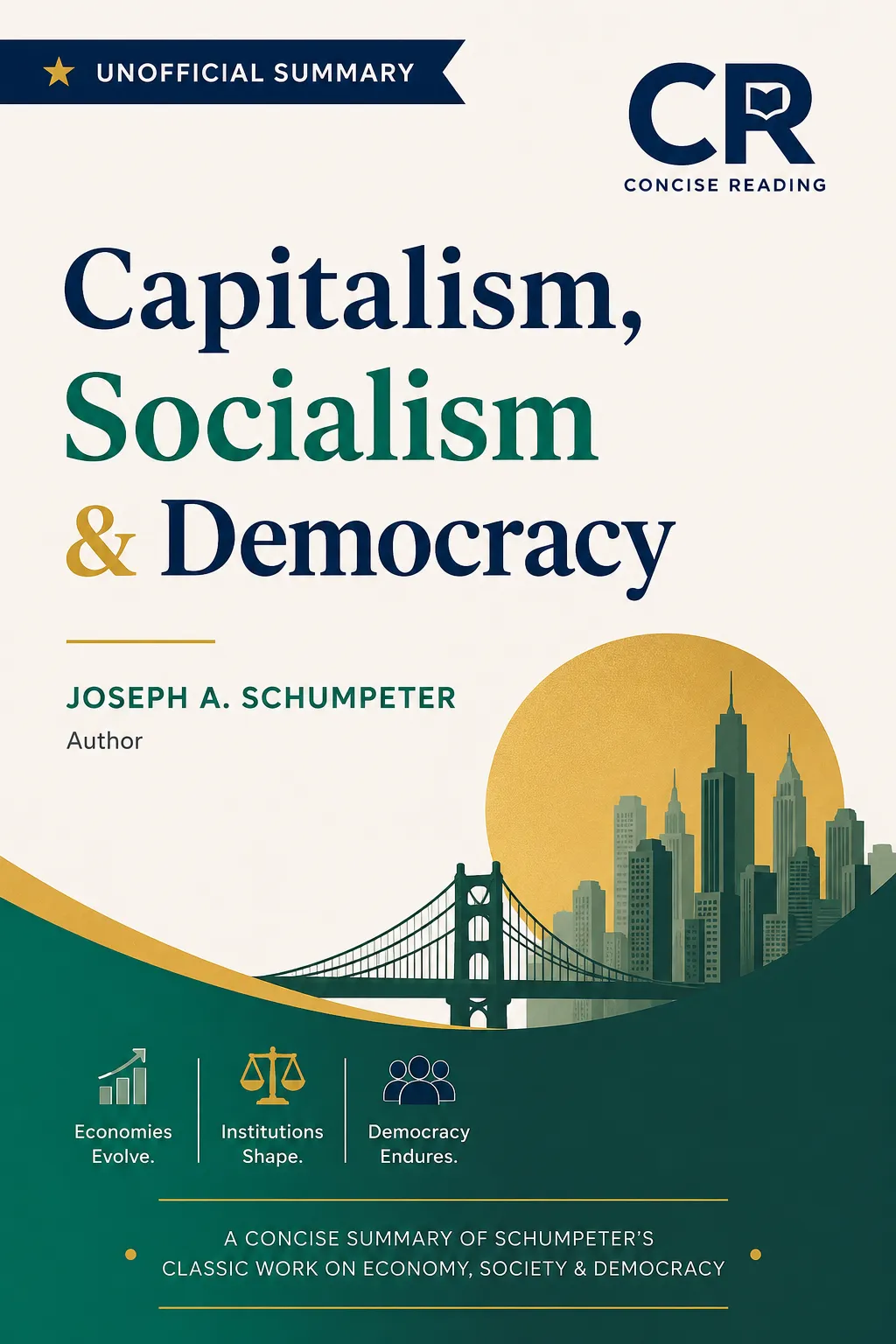 Capitalism Socialism and Democracy book cover — Schumpeter summary at Concise Reading