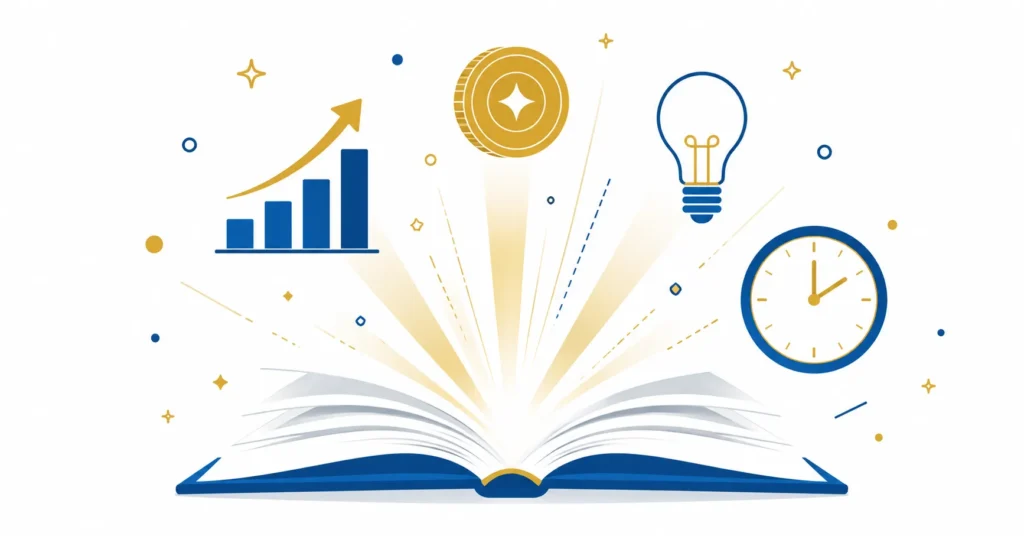 Open book with abstract icons representing business knowledge — bar chart, lightbulb, coin, and clock on white background