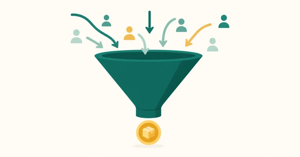 Marketing funnel with traffic icons entering the top and product/revenue emerging at the bottom