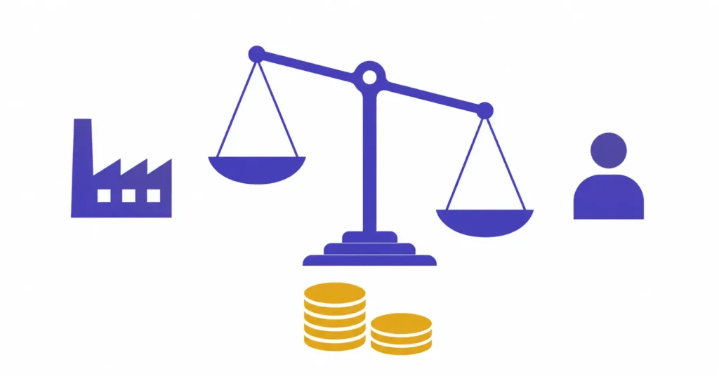 Balance scales with production, labour, and capital icons representing competing schools of economic thought
