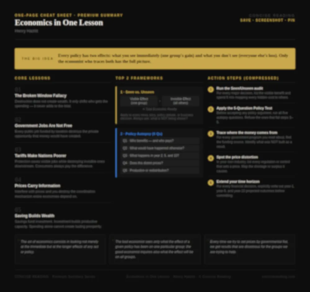 Blurred preview of the one-page cheat sheet from the Economics in One Lesson premium summary by Concise Reading