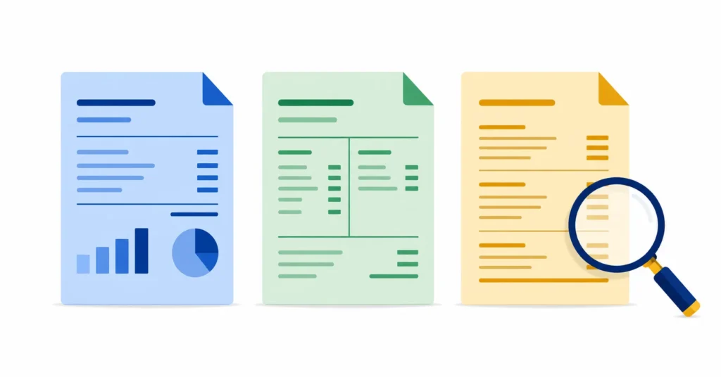 Three financial statement documents with magnifying glass representing financial analysis and literacy