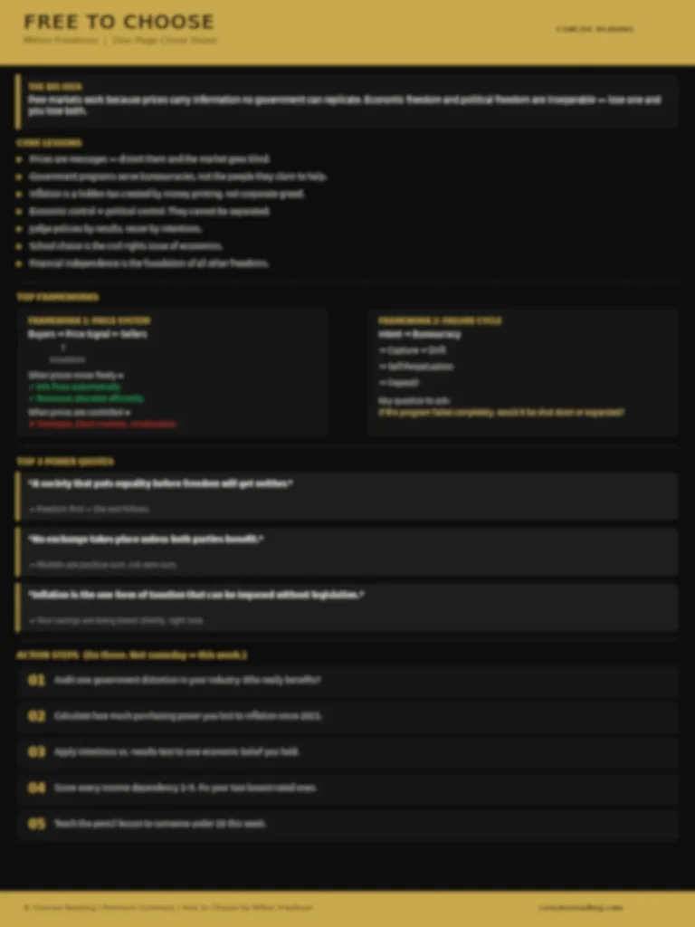 Blurred preview of the Free to Choose one-page cheat sheet from Concise Reading premium summary