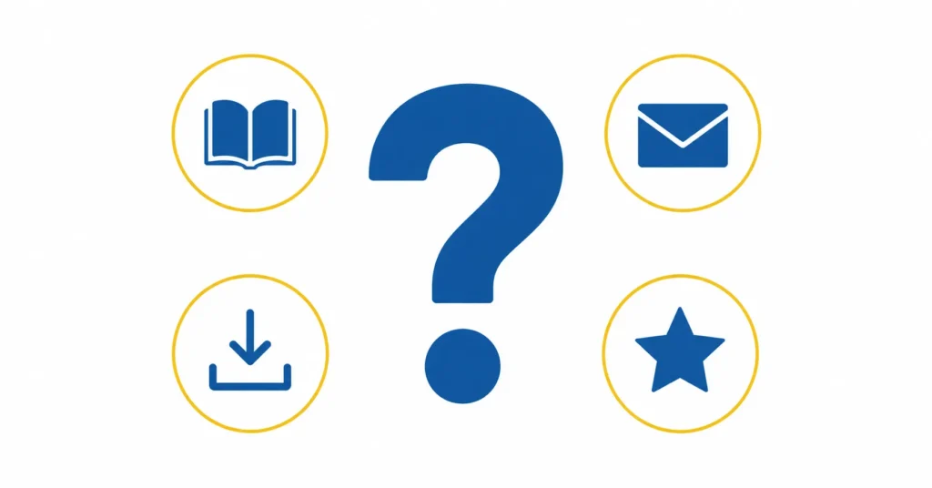 Large question mark surrounded by informational icon bubbles representing FAQ categories