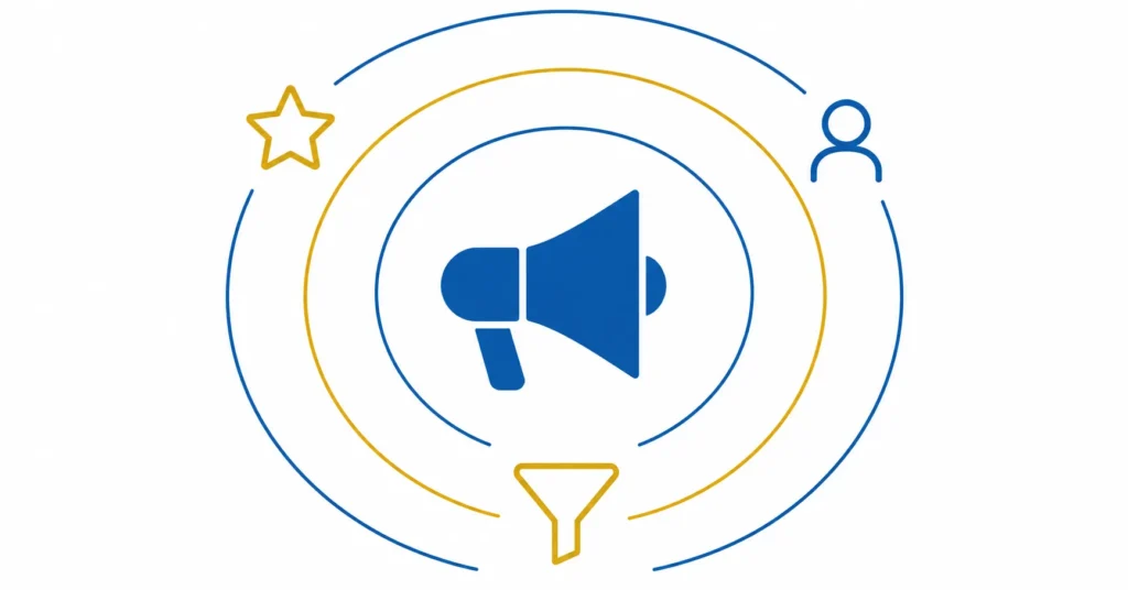 Megaphone with concentric signal arcs and audience icons representing marketing reach and influence