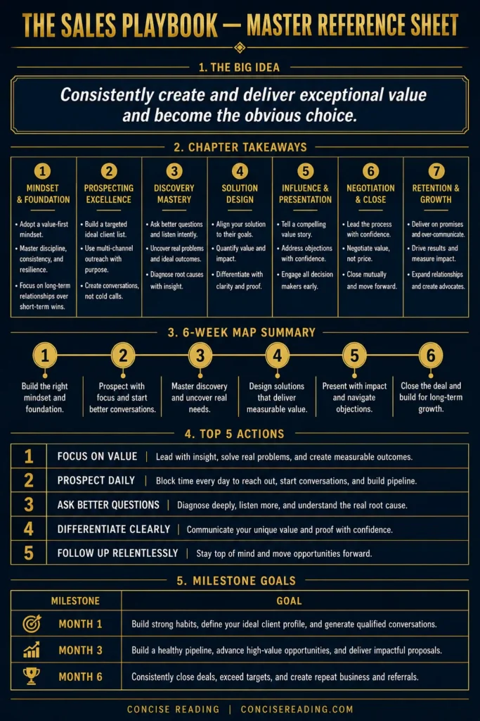 Master Reference Sheet from The Sales Playbook by Concise Reading — showing the big idea, chapter takeaways, 6-week MAP summary, top 5 actions, and milestone goals on one page
