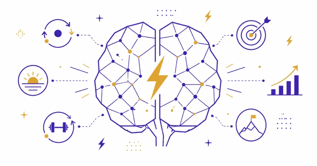 Abstract brain outline with habit loop and lightning bolt icons representing mindset and peak performance