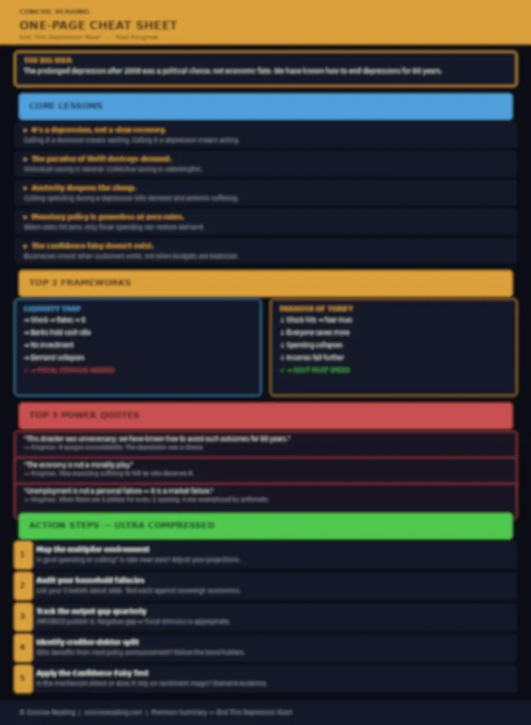 Blurred preview of the one-page cheat sheet from the premium summary of End This Depression Now! by Paul Krugman on Concise Reading