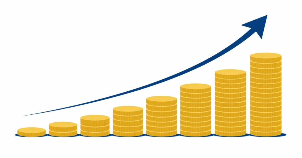 Rising staircase of gold coins representing compounding personal finance and wealth building