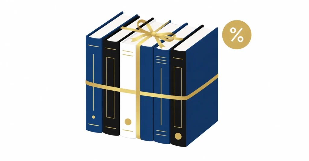 Bundle of five book summaries tied with gold ribbon representing premium pack savings