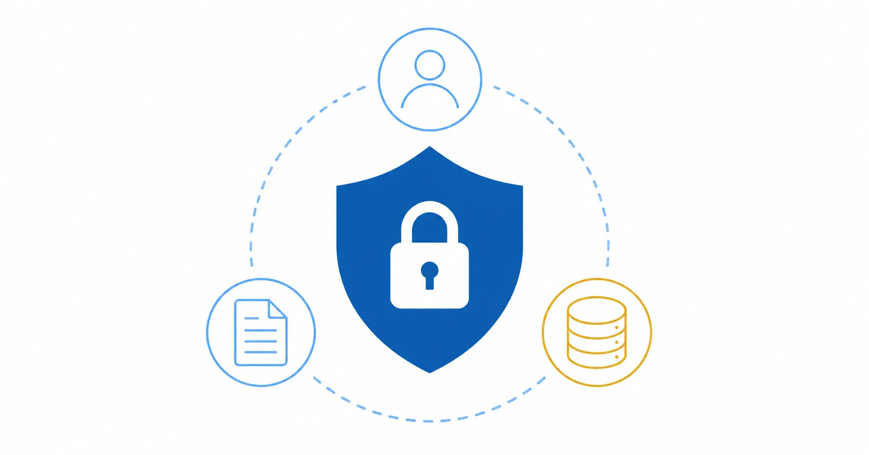 Shield with padlock and data protection icons representing privacy and data security