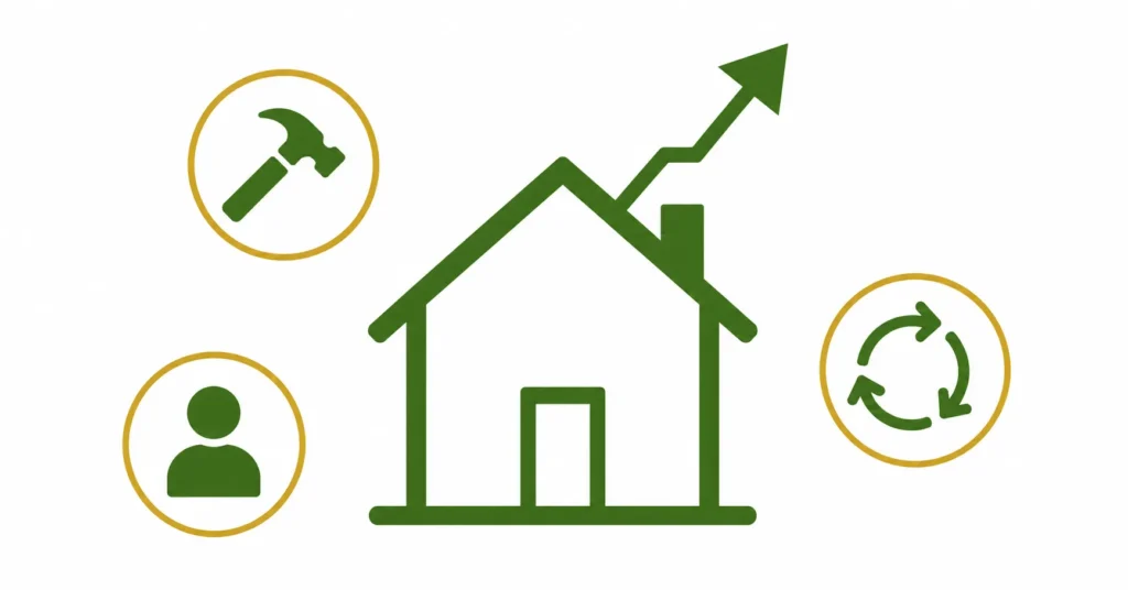 House outline with rehab, tenant, and BRRRR cycle icons representing real estate investing strategies