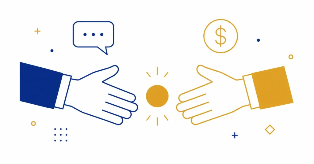 Abstract handshake with deal icon and communication symbols representing sales and negotiation skills