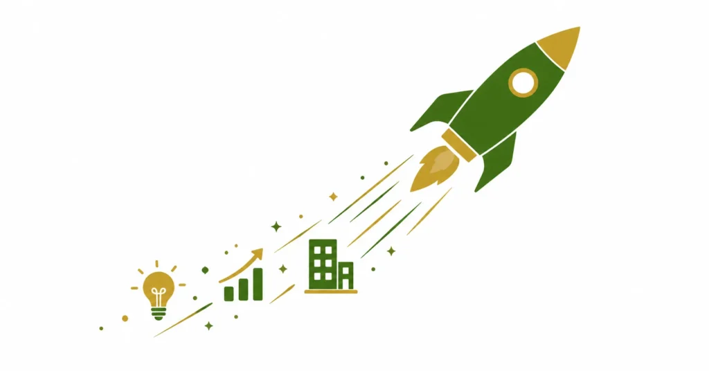 Ascending rocket with idea, traction, and scale icons representing the startup journey