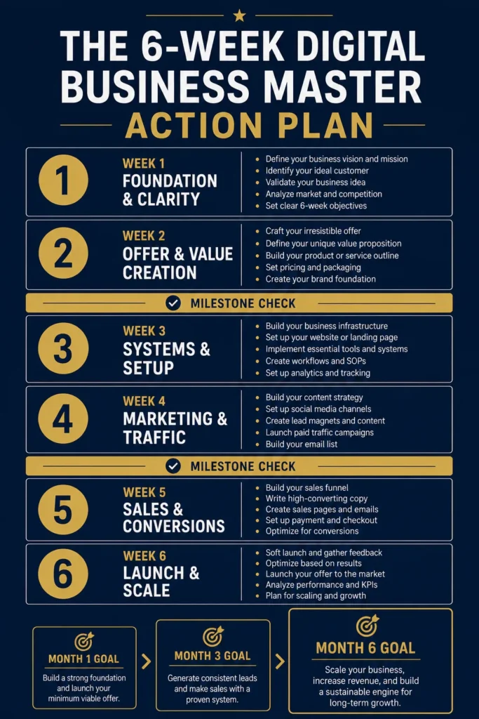 6-Week Master Action Plan diagram from The Digital Business Playbook — weekly actions from foundation through growth system by Concise Reading