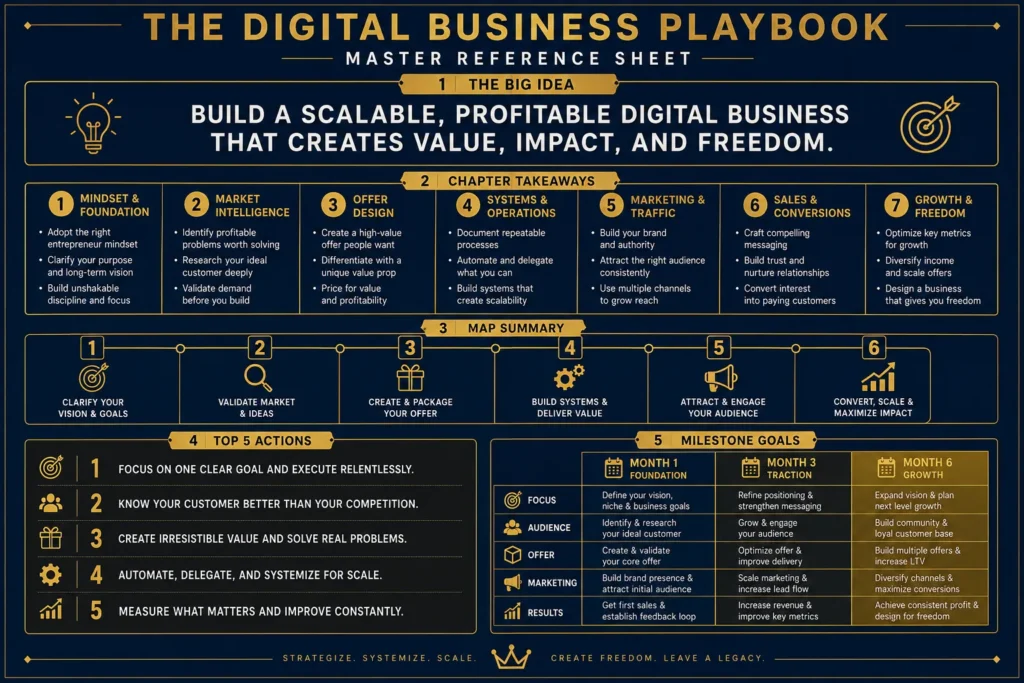 Master Reference Sheet from The Digital Business Playbook — chapter takeaways, 6-week MAP summary, top 5 actions, and milestone goals on one printable page