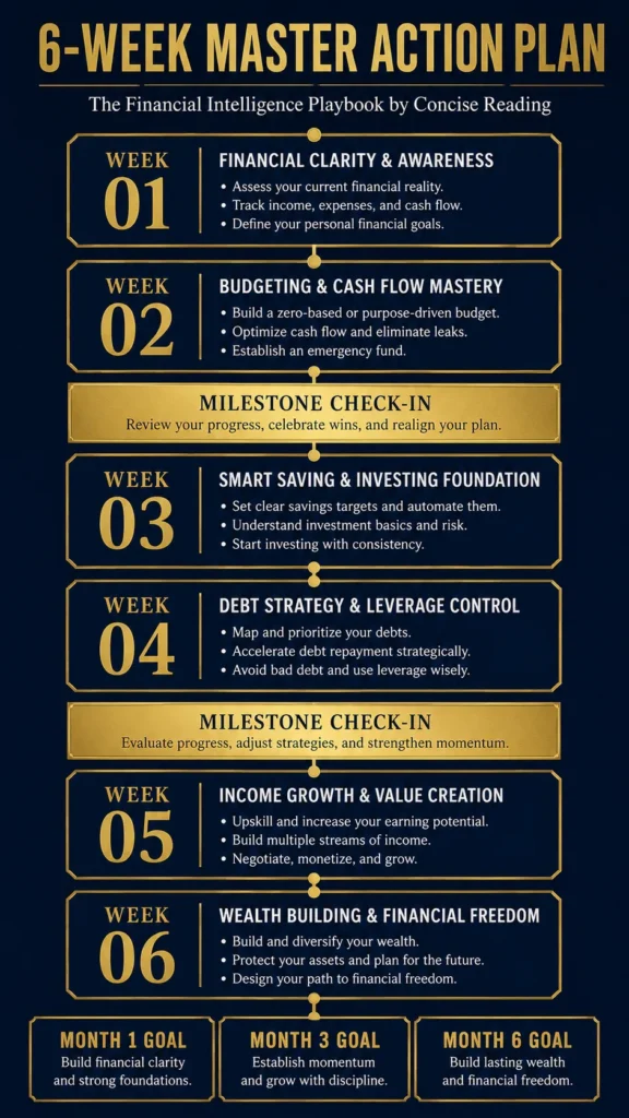 6-Week Master Action Plan from The Financial Intelligence Playbook by Concise Reading — weekly implementation timeline from financial literacy to investment evaluation