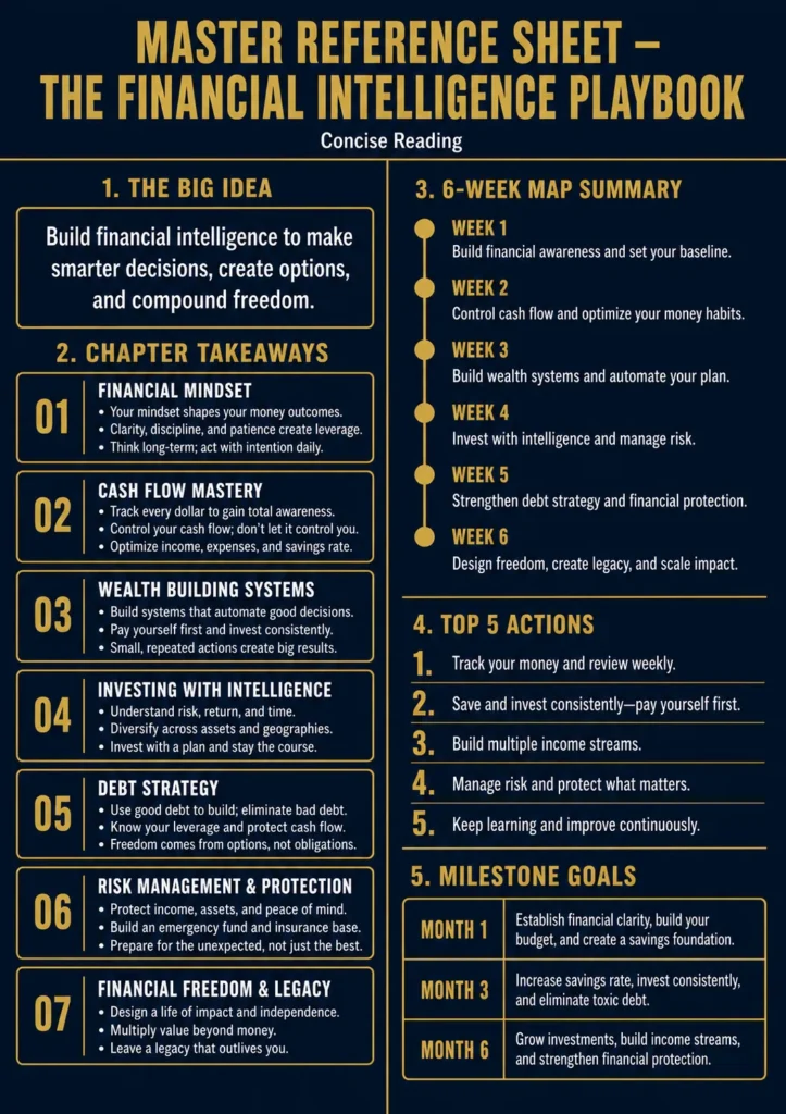 Master Reference Sheet from The Financial Intelligence Playbook — one-page summary of all chapter takeaways, 6-week MAP, top 5 actions, and milestone goals