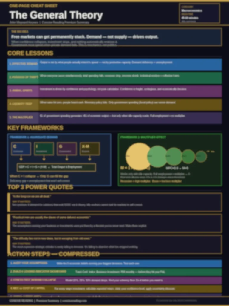 Blurred preview of The General Theory one-page cheat sheet — available in Concise Reading Premium Summary