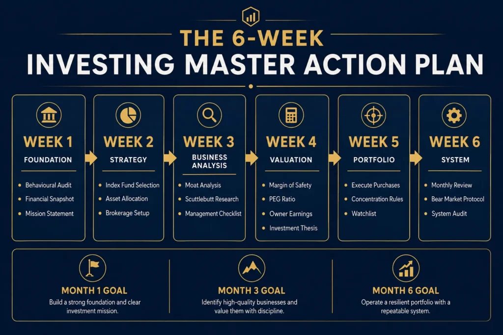 6-Week Master Action Plan from The Investing Playbook by Concise Reading — week-by-week investing implementation roadmap from behavioural audit to complete portfolio system